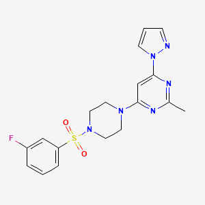 molecular formula C18H19FN6O2S B4496310 4-{4-[(3-fluorophenyl)sulfonyl]-1-piperazinyl}-2-methyl-6-(1H-pyrazol-1-yl)pyrimidine 