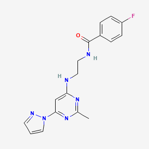 molecular formula C17H17FN6O B4497145 4-fluoro-N-(2-{[2-methyl-6-(1H-pyrazol-1-yl)-4-pyrimidinyl]amino}ethyl)benzamide 