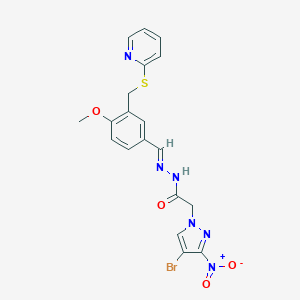 2-{4-bromo-3-nitro-1H-pyrazol-1-yl}-N'-{4-methoxy-3-[(2-pyridinylsulfanyl)methyl]benzylidene}acetohydrazide