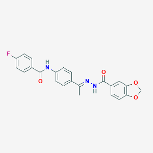 molecular formula C23H18FN3O4 B449840 N-(4-{(1E)-1-[2-(1,3-benzodioxol-5-ylcarbonyl)hydrazinylidene]ethyl}phenyl)-4-fluorobenzamide 