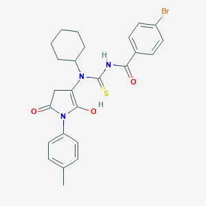 molecular formula C25H26BrN3O3S B449883 N'-(4-bromobenzoyl)-N-cyclohexyl-N-[2-hydroxy-1-(4-methylphenyl)-5-oxo-4,5-dihydro-1H-pyrrol-3-yl]thiourea 