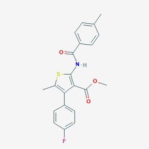 molecular formula C21H18FNO3S B450209 Methyl 4-(4-fluorophenyl)-5-methyl-2-[(4-methylbenzoyl)amino]thiophene-3-carboxylate 