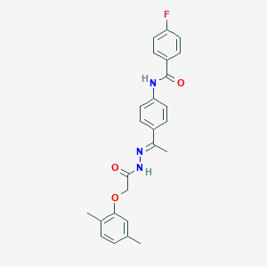 N-(4-{N-[(2,5-dimethylphenoxy)acetyl]ethanehydrazonoyl}phenyl)-4-fluorobenzamide