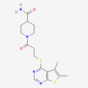 molecular formula C17H22N4O2S2 B4504056 1-{3-[(5,6-Dimethylthieno[2,3-d]pyrimidin-4-yl)sulfanyl]propanoyl}piperidine-4-carboxamide 