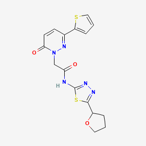 molecular formula C16H15N5O3S2 B4504341 2-[6-oxo-3-(thiophen-2-yl)pyridazin-1(6H)-yl]-N-[(2E)-5-(tetrahydrofuran-2-yl)-1,3,4-thiadiazol-2(3H)-ylidene]acetamide 