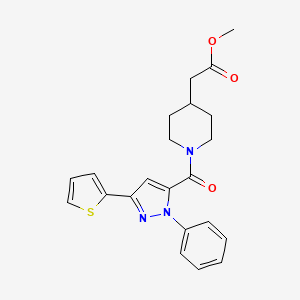 molecular formula C22H23N3O3S B4505483 methyl (1-{[1-phenyl-3-(thiophen-2-yl)-1H-pyrazol-5-yl]carbonyl}piperidin-4-yl)acetate 