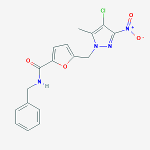 molecular formula C17H15ClN4O4 B450584 N-benzyl-5-({4-chloro-3-nitro-5-methyl-1H-pyrazol-1-yl}methyl)-2-furamide 