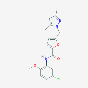 molecular formula C18H18ClN3O3 B450606 N-(5-chloro-2-methoxyphenyl)-5-[(3,5-dimethyl-1H-pyrazol-1-yl)methyl]-2-furamide 