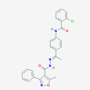 molecular formula C26H21ClN4O3 B450636 2-chloro-N-(4-{N-[(5-methyl-3-phenyl-4-isoxazolyl)carbonyl]ethanehydrazonoyl}phenyl)benzamide 