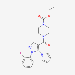 molecular formula C21H22FN5O3 B4507797 ethyl 4-{[1-(2-fluorophenyl)-5-(1H-pyrrol-1-yl)-1H-pyrazol-4-yl]carbonyl}-1-piperazinecarboxylate 