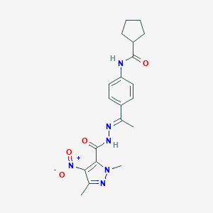 molecular formula C20H24N6O4 B450798 N-{4-[N-({4-nitro-1,3-dimethyl-1H-pyrazol-5-yl}carbonyl)ethanehydrazonoyl]phenyl}cyclopentanecarboxamide 