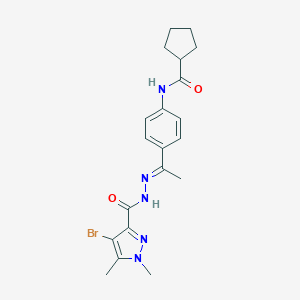 molecular formula C20H24BrN5O2 B450841 N-(4-{N-[(4-bromo-1,5-dimethyl-1H-pyrazol-3-yl)carbonyl]ethanehydrazonoyl}phenyl)cyclopentanecarboxamide 