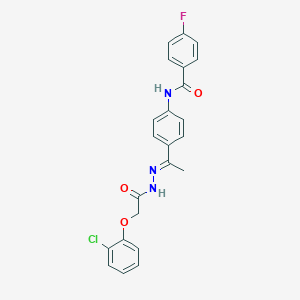 molecular formula C23H19ClFN3O3 B450942 N-(4-{N-[(2-chlorophenoxy)acetyl]ethanehydrazonoyl}phenyl)-4-fluorobenzamide 