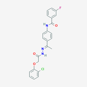molecular formula C23H19ClFN3O3 B450976 N-(4-{N-[(2-chlorophenoxy)acetyl]ethanehydrazonoyl}phenyl)-3-fluorobenzamide 