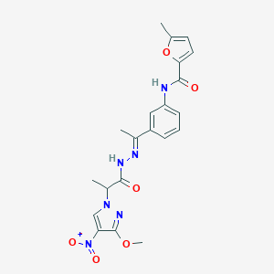 N-{3-[N-(2-{4-nitro-3-methoxy-1H-pyrazol-1-yl}propanoyl)ethanehydrazonoyl]phenyl}-5-methyl-2-furamide