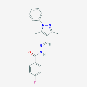 molecular formula C19H17FN4O B451059 N'-[(3,5-dimethyl-1-phenyl-1H-pyrazol-4-yl)methylene]-4-fluorobenzohydrazide 