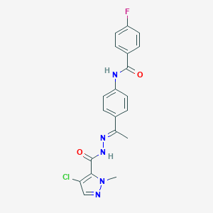 molecular formula C20H17ClFN5O2 B451109 N-(4-{N-[(4-chloro-1-methyl-1H-pyrazol-5-yl)carbonyl]ethanehydrazonoyl}phenyl)-4-fluorobenzamide 