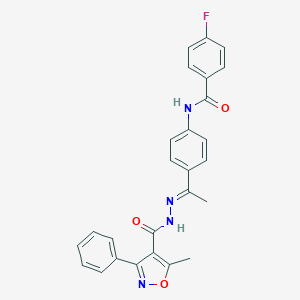 molecular formula C26H21FN4O3 B451226 4-fluoro-N-(4-{N-[(5-methyl-3-phenyl-4-isoxazolyl)carbonyl]ethanehydrazonoyl}phenyl)benzamide 
