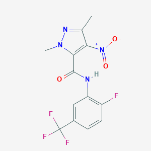molecular formula C13H10F4N4O3 B451284 N-[2-fluoro-5-(trifluoromethyl)phenyl]-4-nitro-1,3-dimethyl-1H-pyrazole-5-carboxamide 