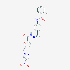 molecular formula C25H22N6O5 B451328 N-(4-{N-[5-({4-nitro-1H-pyrazol-1-yl}methyl)-2-furoyl]ethanehydrazonoyl}phenyl)-2-methylbenzamide 