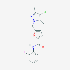 molecular formula C17H15ClIN3O2 B451397 5-[(4-chloro-3,5-dimethyl-1H-pyrazol-1-yl)methyl]-N-(2-iodophenyl)-2-furamide 