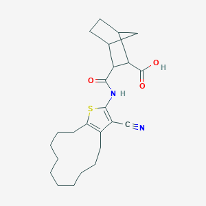 molecular formula C24H32N2O3S B451430 3-[(3-Cyano-4,5,6,7,8,9,10,11,12,13-decahydrocyclododeca[b]thiophen-2-yl)carbamoyl]bicyclo[2.2.1]heptane-2-carboxylic acid 