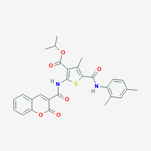 molecular formula C28H26N2O6S B451458 isopropyl 5-[(2,4-dimethylanilino)carbonyl]-4-methyl-2-{[(2-oxo-2H-chromen-3-yl)carbonyl]amino}-3-thiophenecarboxylate 