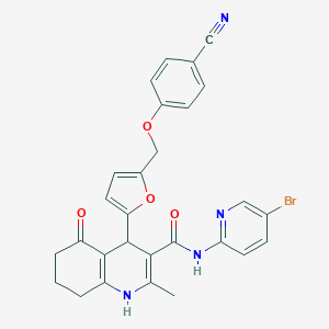 molecular formula C28H23BrN4O4 B451475 N-(5-bromo-2-pyridinyl)-4-{5-[(4-cyanophenoxy)methyl]-2-furyl}-2-methyl-5-oxo-1,4,5,6,7,8-hexahydro-3-quinolinecarboxamide 