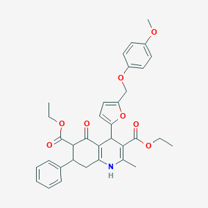 molecular formula C34H35NO8 B451478 Diethyl 4-{5-[(4-methoxyphenoxy)methyl]-2-furyl}-2-methyl-5-oxo-7-phenyl-1,4,5,6,7,8-hexahydro-3,6-quinolinedicarboxylate 