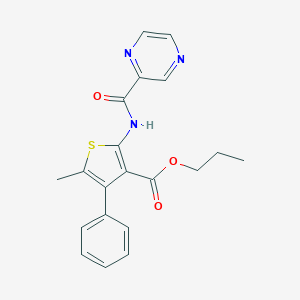 molecular formula C20H19N3O3S B451538 Propyl 5-methyl-4-phenyl-2-[(2-pyrazinylcarbonyl)amino]-3-thiophenecarboxylate 