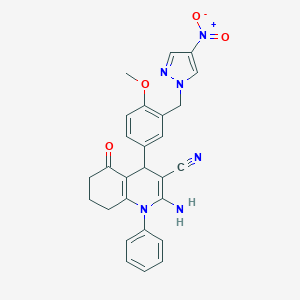 molecular formula C27H24N6O4 B451586 2-amino-4-[3-({4-nitro-1H-pyrazol-1-yl}methyl)-4-methoxyphenyl]-5-oxo-1-phenyl-1,4,5,6,7,8-hexahydro-3-quinolinecarbonitrile 