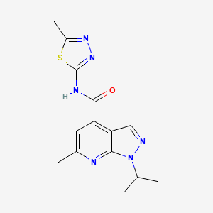 molecular formula C14H16N6OS B4516018 6-methyl-N-[(2E)-5-methyl-1,3,4-thiadiazol-2(3H)-ylidene]-1-(propan-2-yl)-1H-pyrazolo[3,4-b]pyridine-4-carboxamide 