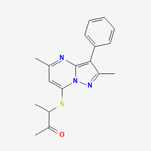 molecular formula C18H19N3OS B4516059 3-[(2,5-Dimethyl-3-phenylpyrazolo[1,5-a]pyrimidin-7-yl)sulfanyl]butan-2-one 