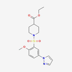 molecular formula C18H23N3O5S B4516269 ethyl 1-{[2-methoxy-5-(1H-pyrazol-1-yl)phenyl]sulfonyl}-4-piperidinecarboxylate 