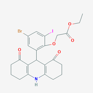 molecular formula C23H23BrINO5 B451661 Ethyl [4-bromo-2-(1,8-dioxo-1,2,3,4,5,6,7,8,9,10-decahydro-9-acridinyl)-6-iodophenoxy]acetate 