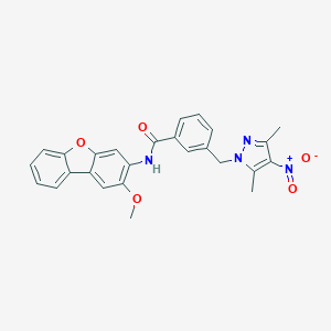 molecular formula C26H22N4O5 B451701 3-({4-nitro-3,5-dimethyl-1H-pyrazol-1-yl}methyl)-N-(2-methoxydibenzo[b,d]furan-3-yl)benzamide 