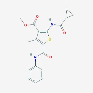 molecular formula C18H18N2O4S B451709 Methyl 2-[(cyclopropylcarbonyl)amino]-4-methyl-5-(phenylcarbamoyl)thiophene-3-carboxylate 