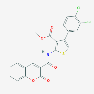 molecular formula C22H13Cl2NO5S B451725 methyl 4-(3,4-dichlorophenyl)-2-{[(2-oxo-2H-chromen-3-yl)carbonyl]amino}thiophene-3-carboxylate 