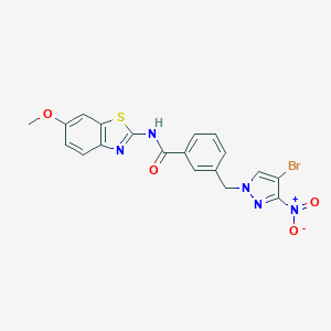 molecular formula C19H14BrN5O4S B451751 3-({4-bromo-3-nitro-1H-pyrazol-1-yl}methyl)-N-(6-methoxy-1,3-benzothiazol-2-yl)benzamide 