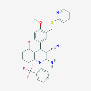 2-Amino-4-{4-methoxy-3-[(2-pyridinylsulfanyl)methyl]phenyl}-5-oxo-1-[2-(trifluoromethyl)phenyl]-1,4,5,6,7,8-hexahydro-3-quinolinecarbonitrile