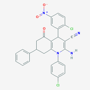molecular formula C28H20Cl2N4O3 B451763 2-Amino-4-(2-chloro-5-nitrophenyl)-1-(4-chlorophenyl)-5-oxo-7-phenyl-1,4,5,6,7,8-hexahydroquinoline-3-carbonitrile 