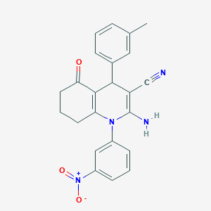 molecular formula C23H20N4O3 B451765 2-Amino-1-{3-nitrophenyl}-4-(3-methylphenyl)-5-oxo-1,4,5,6,7,8-hexahydro-3-quinolinecarbonitrile 