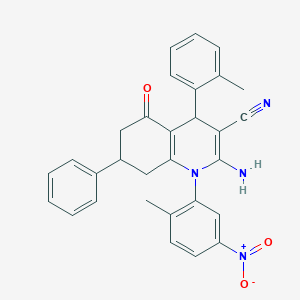 molecular formula C30H26N4O3 B451779 2-Amino-1-(2-methyl-5-nitrophenyl)-4-(2-methylphenyl)-5-oxo-7-phenyl-1,4,5,6,7,8-hexahydro-3-quinolinecarbonitrile 