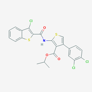 molecular formula C23H16Cl3NO3S2 B451791 Isopropyl 2-{[(3-chloro-1-benzothien-2-yl)carbonyl]amino}-4-(3,4-dichlorophenyl)thiophene-3-carboxylate 