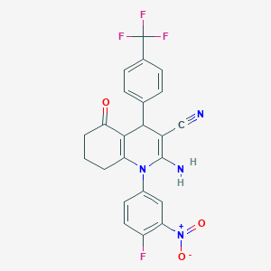 molecular formula C23H16F4N4O3 B451796 2-Amino-1-(4-fluoro-3-nitrophenyl)-5-oxo-4-[4-(trifluoromethyl)phenyl]-1,4,5,6,7,8-hexahydroquinoline-3-carbonitrile 
