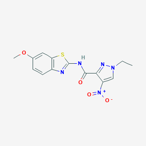 molecular formula C14H13N5O4S B451818 1-ethyl-4-nitro-N-(6-methoxy-1,3-benzothiazol-2-yl)-1H-pyrazole-3-carboxamide 