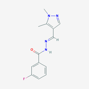 molecular formula C13H13FN4O B451840 N'-[(E)-(1,5-dimethyl-1H-pyrazol-4-yl)methylidene]-3-fluorobenzohydrazide 