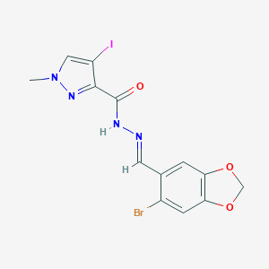 molecular formula C13H10BrIN4O3 B451862 N'-[(6-bromo-1,3-benzodioxol-5-yl)methylene]-4-iodo-1-methyl-1H-pyrazole-3-carbohydrazide 