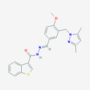 molecular formula C23H22N4O2S B451885 N'-{3-[(3,5-dimethyl-1H-pyrazol-1-yl)methyl]-4-methoxybenzylidene}-1-benzothiophene-3-carbohydrazide 