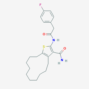 molecular formula C23H29FN2O2S B451903 2-{[(4-Fluorophenyl)acetyl]amino}-4,5,6,7,8,9,10,11,12,13-decahydrocyclododeca[b]thiophene-3-carboxamide 